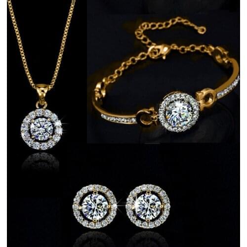 MIQIAO Gold Plated Zircon Crystal Pendant Collar Necklace Bangle Bracelet Piercing Stud Earrings Jewelry Sets for Women Wedding