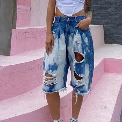 Sexy Ripped Hole Knee Length Baggy Denim Shorts Women Loose Straight Short Jeans 2021 Summer Shorts White Tie Dye Streetwear