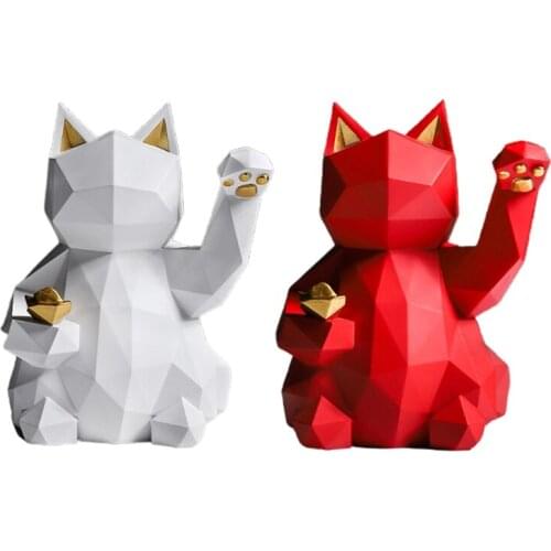 Nordic Creative Abstract Geometric Fortune Cat Figurines Statues Modern Art Animal Sculptures for Home Desk Decoration