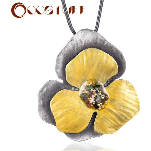 Antique Yellow Flower Jewelry Long Necklace for Women Vintage Pendants Black Rope Chain Jewellery Suspension Simple Choker 2020