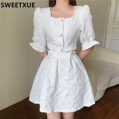 SWEETXUE Two-piece Sets Womens Cute Kawaii Party Chic Lapel Puff Sleeve Short Top+High Waist A-line Skirt Ladies Outfits Female
