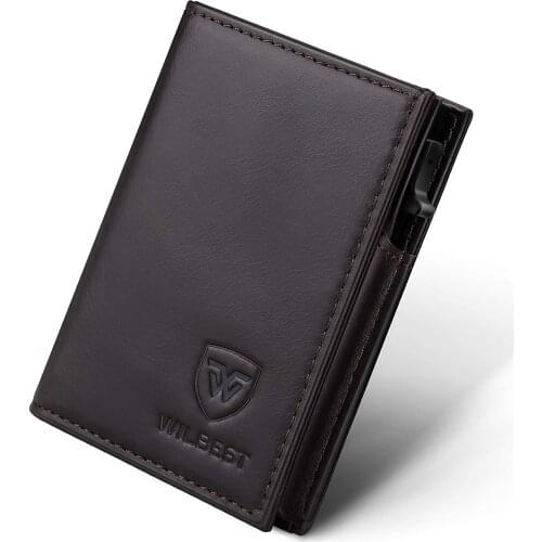 Pop-up Credit Card Case High-Quality Leather Mini Wallet Men RFID Small Purse Brown Black