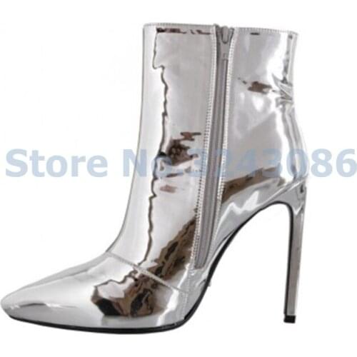 Pointed Toe Bright Metallic Luster Thin High Heel Women Shoes Gold Silver Modern Ankle Boots