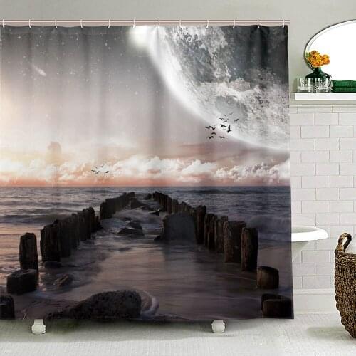 View Of The Moon From A Beautiful Beach Bath Curtains Waterproof Polyester Fabric Washable Shower Curtain for Bathroom Screen