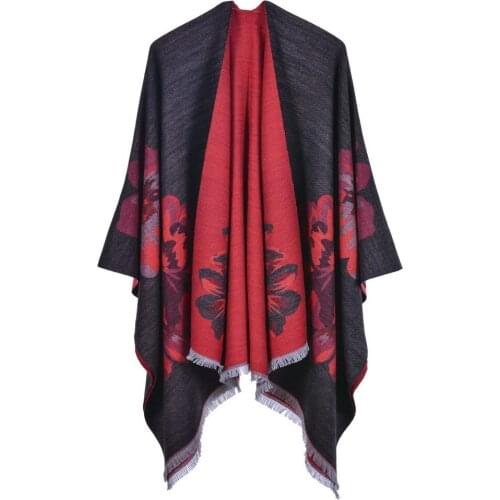 Womens Double-Sided Jacquard Shawl Capes Outdoor Warm Ponchos Girls Ski Neck Warmer Wraps
