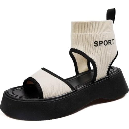 Sock Sandals Women 2021 New Slip-On Summer Shoes Woman Fashion Knite Sandal Female Casual Round Toe Beige Platform House Shoe