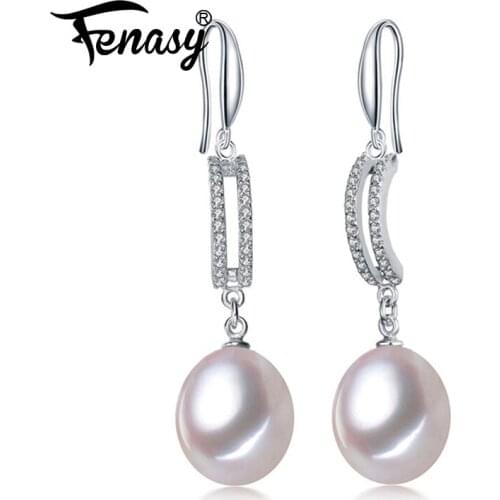 FENASY Natural Freshwater Pearl Earrings For Women Fashion Party CZ Silver Color Female Drop Earrings Fine Jewelry