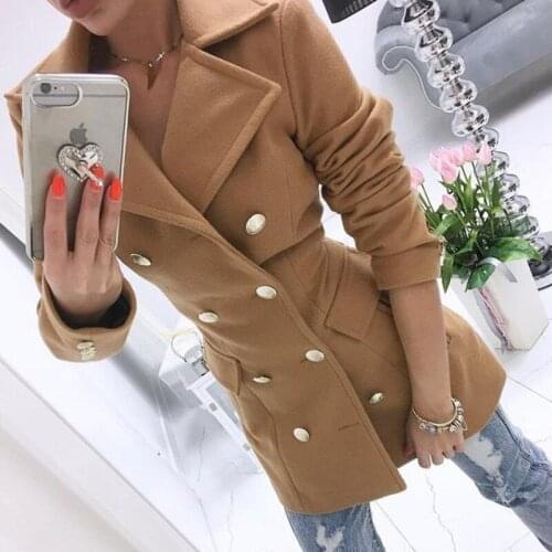Elegant Double-Breasted Lady Jacket Women Casual Long Sleeve Solid Coat Outwear Autumn Winter Fashion Wool Blends Lapel Overcoat