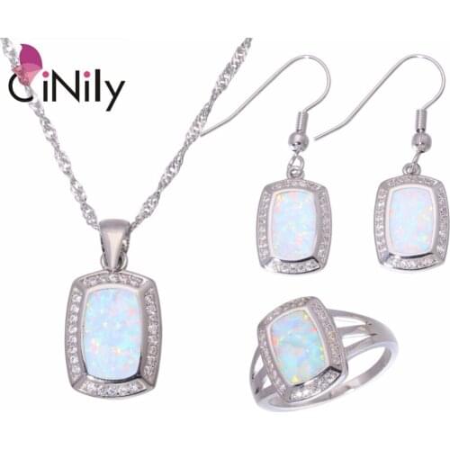 CiNily Created White Fire Opal Cubic Zirconia Silver Plated Wholesale for Women Jewelry Ring Pendant Earrings Jewelry Set OT164
