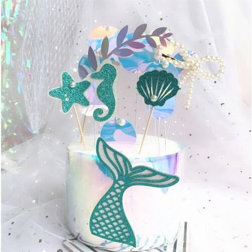 4pcs/set Mermaid Cake Topper Starfish Shell Cake Flags For Under the Sea Mermaid Theme Birthday Party Decorations Kids Girl