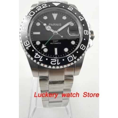40mm Parnis Black Ceramic Bezel black dial green GMT hands luminous marks sapphire glass automatic Mens Watch-PA63