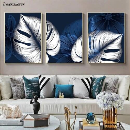 Abstract Blue White Plant Leaf Posters Print Modern Home Decor Picture Wall Art Canvas Painting Nordic Home Living Room Decor