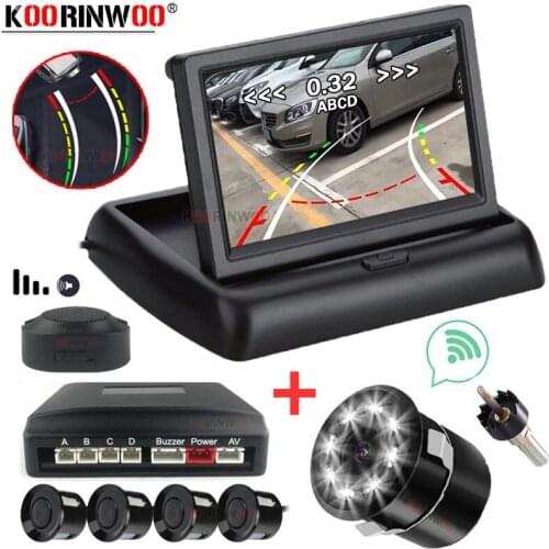 Koorinwoo Car Intelligent System Parking Sensor + Reverse Camera Metal LED 8 Light + Foldable Monitor Parktronic Radars Detector