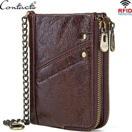 CONTACTS genuine leather wallets for men RFID short wallet zipper mens small coin purse male portomonee card holder man walet