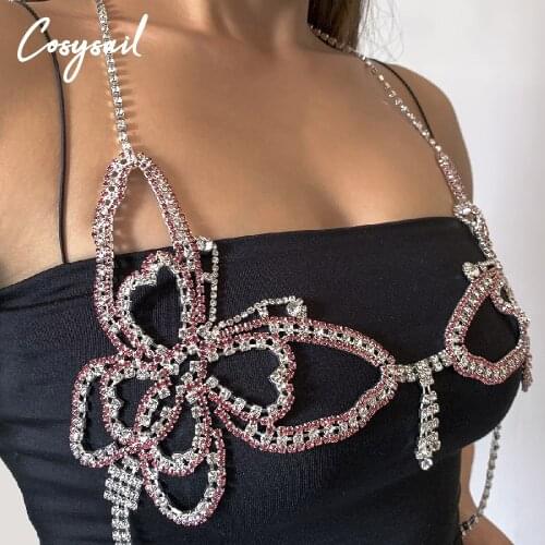 Cosysail Shiny Crystal Butterfly Body Chain for Female Sexy Rhinestone Bikini Bra Chain Nightclub Harness Luxury Jewelry 2021