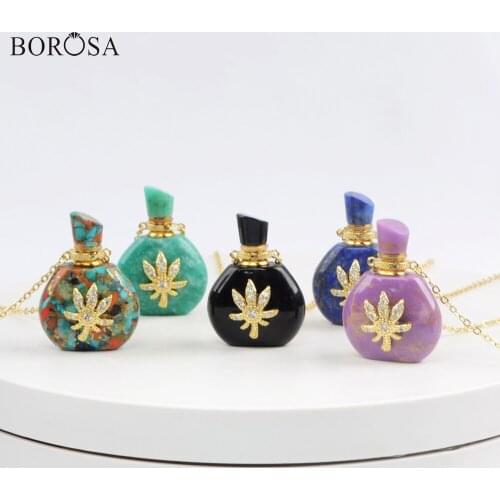 CZ Gold Leaf Gems Stones Perfume Essential Oil Bottle Pendant Necklaces Natural Turquoises Agates Crystal Charms for Women G1976