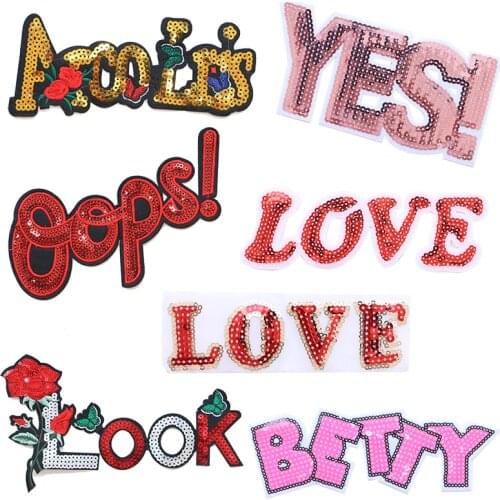 Rose flower Decorative Letters Patch Love Sequins icon Embroidered Applique Patches For DIY Iron on Badges on backpack,clothes