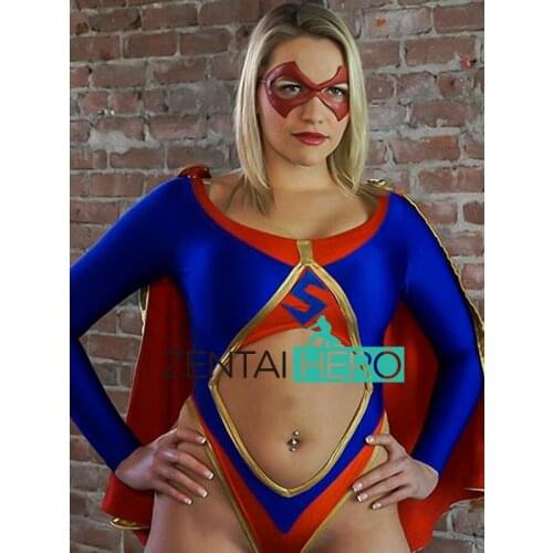 Custom Made Sexy Women Blue Spandex Leotard Costumes Movie Girl Lycra Zentai Bodysuit with Cape