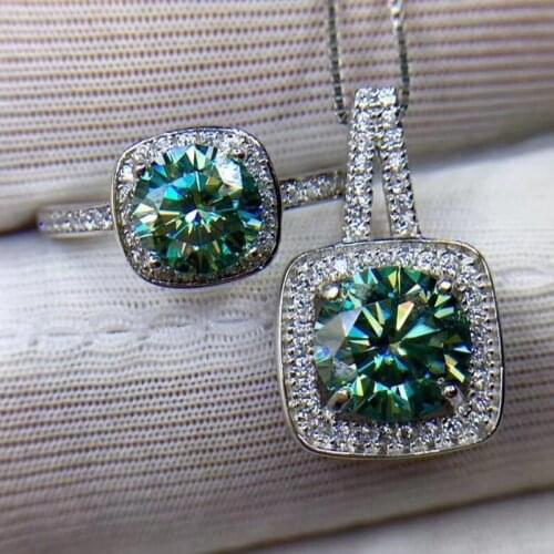 Inbeaut 925 Silver Moissanite Jewelry Sets Excellent Cut 1 ct Ring Pass Diamond Test 2 ct Green Moissanite Pendant Necklace