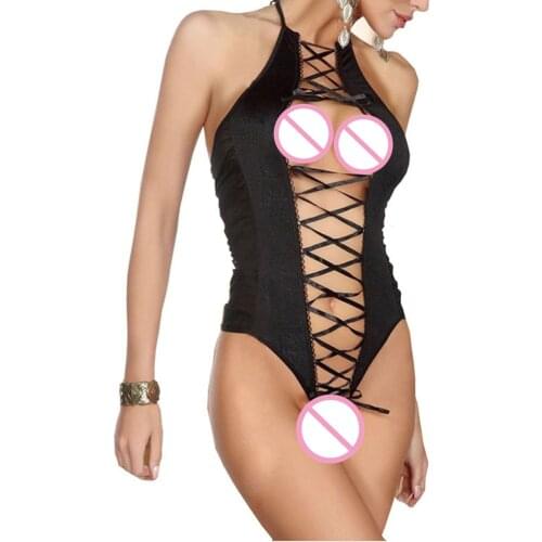 Mew Ribbon Lace-up Front Black Teddy Hollow Out intimates Teddy Romper Lace Lady sexy erotic lingerie hot Bodysuits