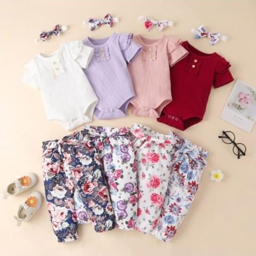 Girl Sets Summer Short-Sleeve Cotton Ribbed Bodysuit+Headband+Print Trousers 3Piece Suits Infant Baby Clothes Baby Girl Romper