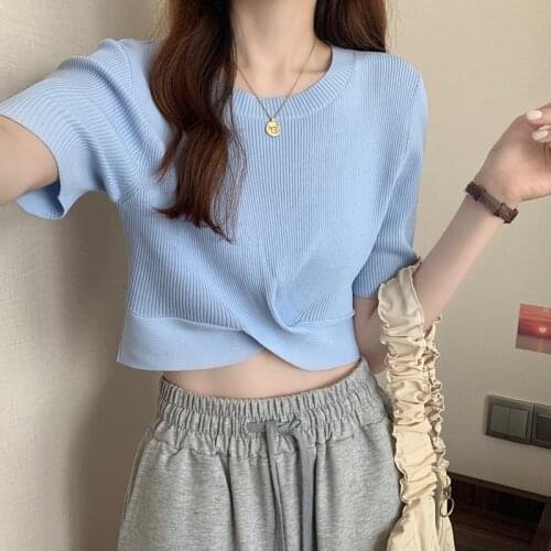 Korean Style Short Sleeve Women Clothing 2021 Summer New Basic Fashionable Criss-Cross Thin Sweater Knit Top Femme O-Neck