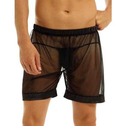 Mens Erotic Lingerie Underwear See-through Mesh Loose Lounge Wear Transparents Square Legs Sexy Boxer Shorts Nightwear