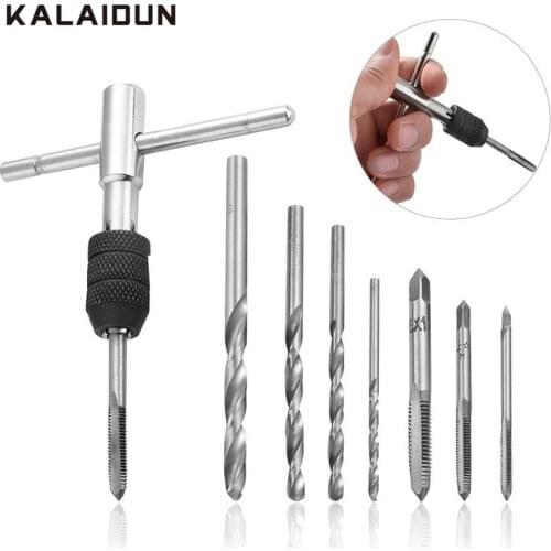 KALAIDUN Screw Thread Taps Drill Set 9PCS T-handle Reversible Ratchet Tap Wrench Screwdriver Adjustable Holder Machinist Tool