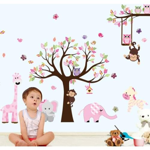 Latest XXL Cartoon Animals Zoo Owl Butterfly Monkey Wall Stickers for Kids Room Home Decor Colorful Tree Decal Stick on Wall