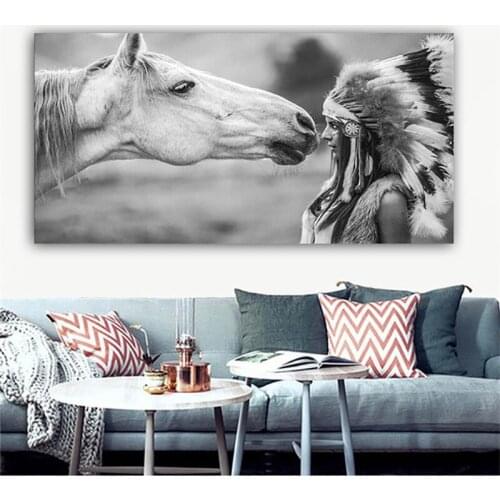 Black White Minimalist Indian Girl and Horse Canvas Painting Wall Art Posters and Prints Decorative Wall Picture for Living Room