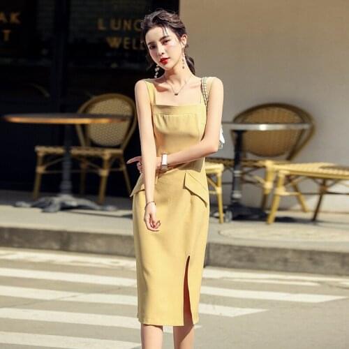 New Arrivals Midi Dress Summer 2021 Korean Fashion Vintage Elgant Split Spaghetti Strap Dresses For Women Sundress Robe