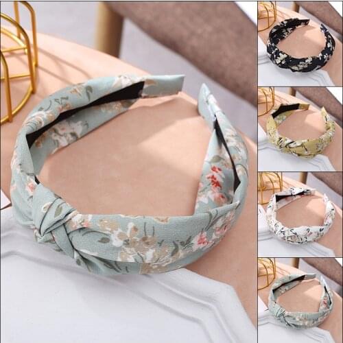 Elegant Flower Printted Headband Cross Knot Hairband Wide Brim Head Hoop Bezel Middle Knotted Hair Hoop Fashion Hair Accessories