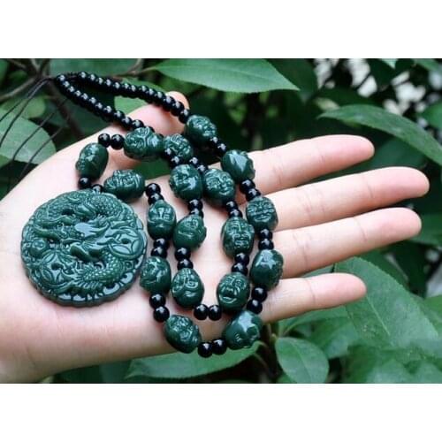 Charming handmade carving Xinjiang hetian jades zodiac dragon pearl 18 arhats necklace pendant dragon play