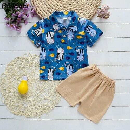 Toddler Baby Boys Clothes Cartoon Cat T-shirt Tops Khaki Shorts Casual Set Kids Outfits For Infant Outfit Suit 0-4 Years Boys