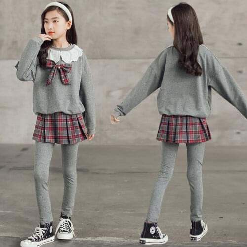 Autumn Girl Fashion Bow Long-sleeved Tops with Pantskirt Sets New Kids Clothes Girls Korean College Teenage Girls Clothing Sets