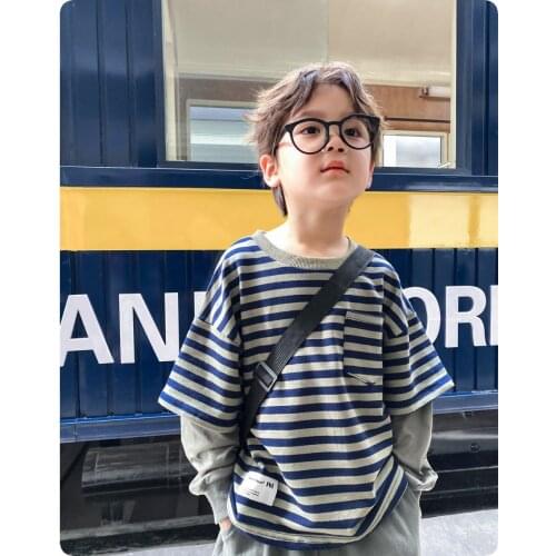 2-12Y Autumn Sweatshirt Korean Boy Baby Striped Pocket Fake Two Sweatshirts kids clothes