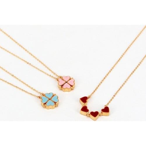 Variety Shell Four-Heart Peach Heart Folding Four-leaf Clover Necklace Double-sided Magnet Clover Clavicle Chain