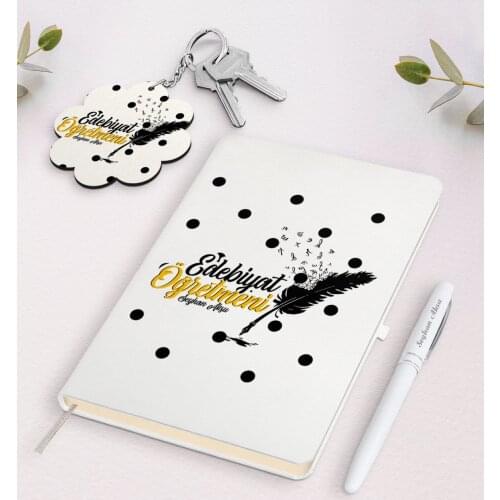 Personalized Letters Teacher White Notebook Pen And Keychain Gift Seti-3
