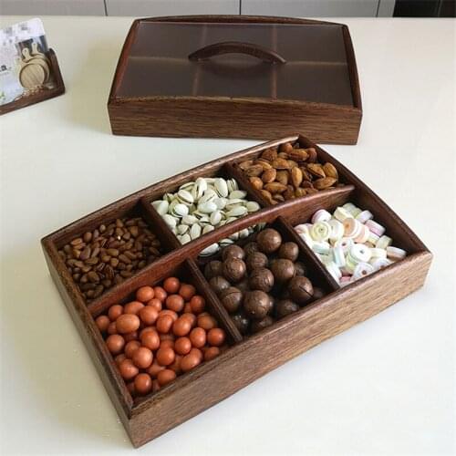 Dried fruit tray living room coffee table candy box Simple modern creative snack plate Partitioned wooden nut box with cover