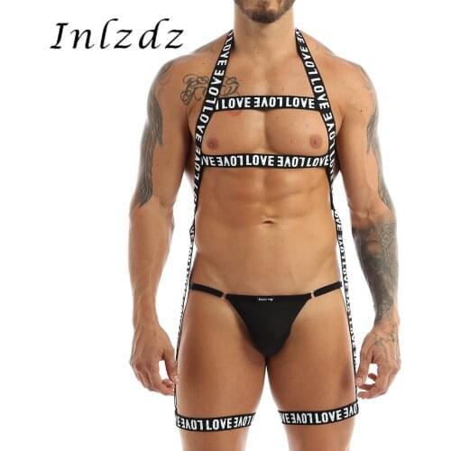 Harness Sexy Mens Letters Print Straps Halter Neck Elastic Body Chest Harness Belt Leg Garter Straps for Cosplay Club Costumes