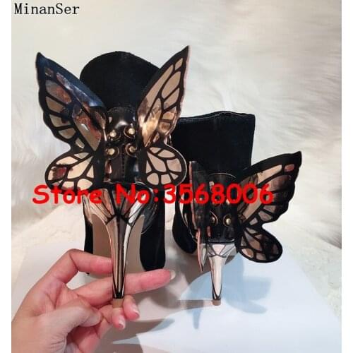 Luxury Butterfly Heels Lady Boots Street Style T-stage Women Fashion Sexy Ankle Booties Stiletto Pointy Toe High Heels Boots