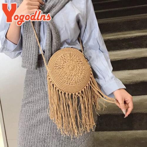 Yogodlns Fashion Round Hand-woven Woman Shoulder Bag Summer Travel Shopping Straw Beach Bags Tassels Female Small Messenger Bag