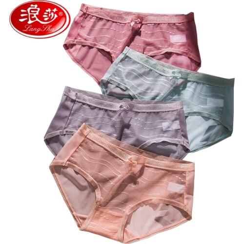 LANGSHA 4Pcs/set Sexy Women Panties Seamless Cute Bow Girls Underwear Lace Low-Rise Briefs Cotton Crotch Transparent Lingerie