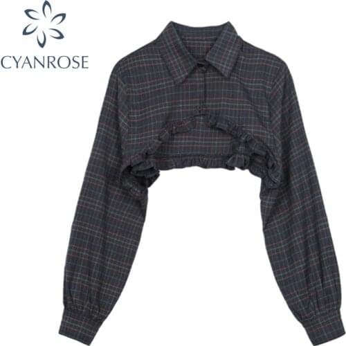 Streetwear Vintage Plaid Womens Shirt Ruffle Edge 2021 Autumn New Design Chic Sexy Long Sleeve Ultra Short Blouse Tops Female