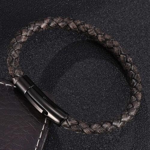 Vintage Black Braided Leather Bracelet Men Women Jewelry Stainless Steel Snaps Simple Unisex Bangles Wrist Band Gifts ST0460