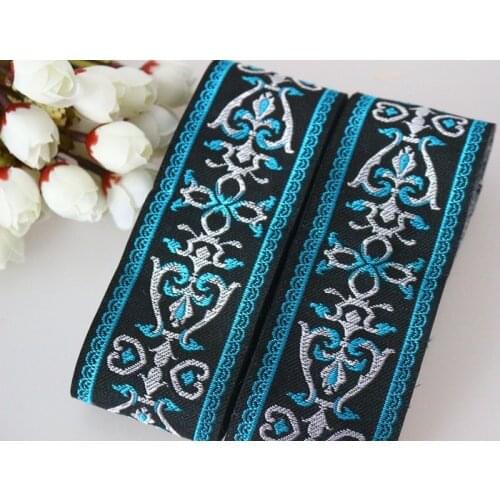High quality 8yards/lots Woven Jacquard Ribbon 5cm black background blue totem pattern LS-3610