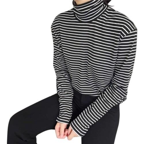 Black White Striped Shirt Women Long Sleeve Shirt Femme Super Sexy Turtleneck Pullover Tops Korean Fashion T Shirt Women