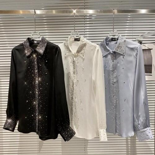 Heavy wrok sequined diamond chiffon blouse women spring autumn fashion top shirt