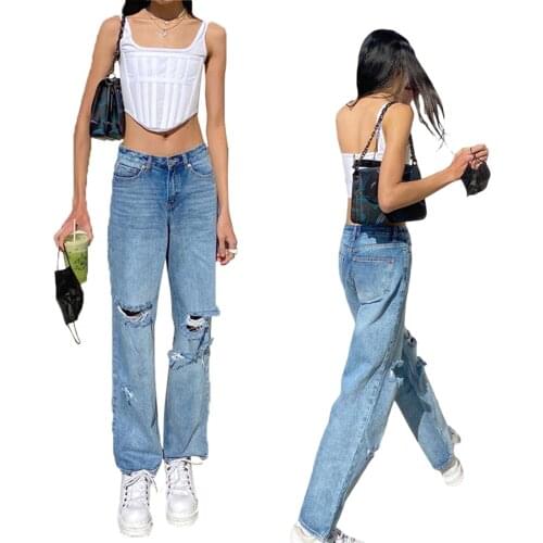 2021 New Womens Jeans, All-Match High Waist Loose Ripped Pants for Party Vacation Dating Travelling Shopping