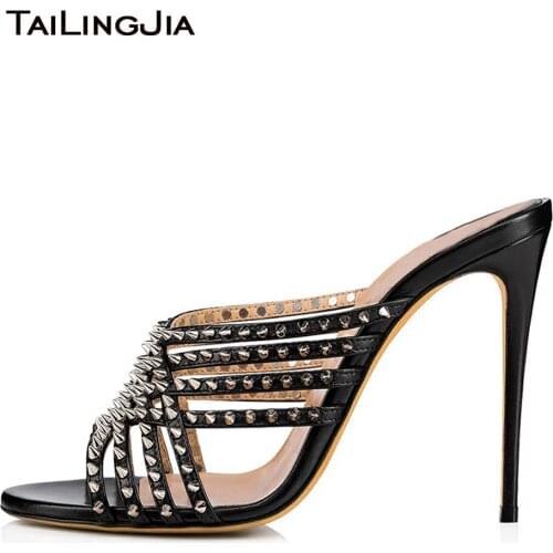 Stylish Black Open Toe High Heel Mules with Spikes Straps Women Heeled Rivets Sandals Party Dress Shoes Ladies Summer Heels 2019